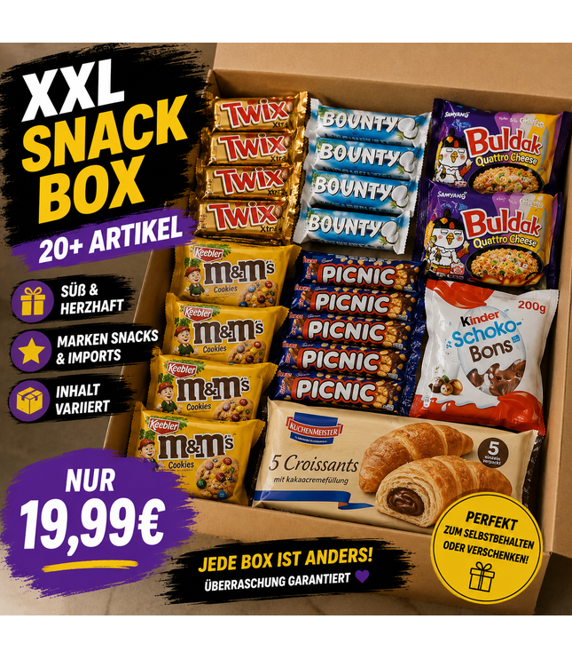 Offene Snackbox mit verschiedenen verpackten Süßigkeiten und kleinen Snacks