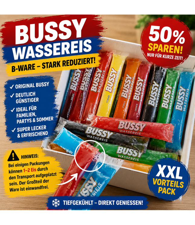 Bussy Wassereis-Mix mit bunten Eisstangen im Karton, XL-Pack.
