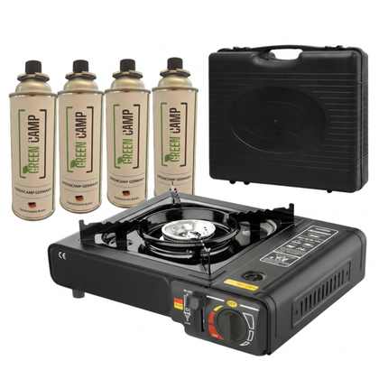 Transportabler Gaskocher für den Außenbereich mit 4 Gaskartuschen und schwarzem Gehäuse