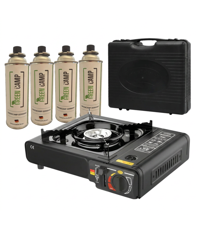 Transportabler Gaskocher für den Außenbereich mit 4 Gaskartuschen und schwarzem Gehäuse