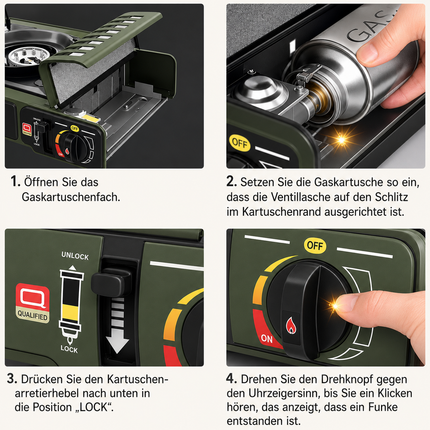 Gaskocher mit Ein/Aus-Drehknopf und Kartuschenfach, zeigt Kartuscheneinsatz und Ventilzugang