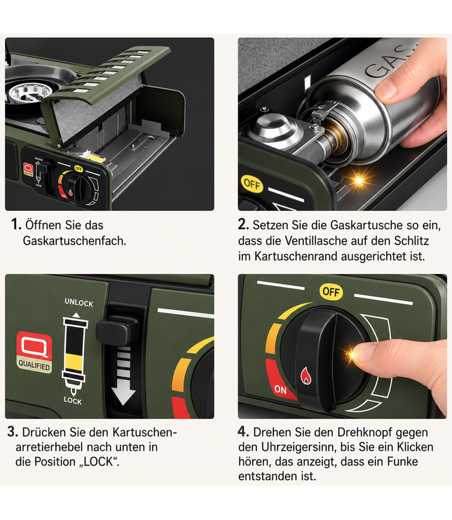 Gaskocher mit Ein/Aus-Drehknopf und Kartuschenfach, zeigt Kartuscheneinsatz und Ventilzugang