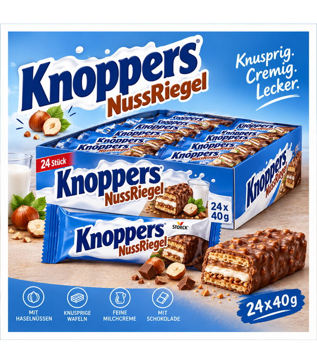 Knoppers NussRiegel Packung mit 24 Riegeln, Nusswaffel und Schokoladenüberzug im Karton