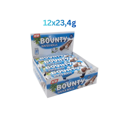 Bounty Wafer Rolls Packung mit geöffnetem Karton und einzeln verpackten Rollen