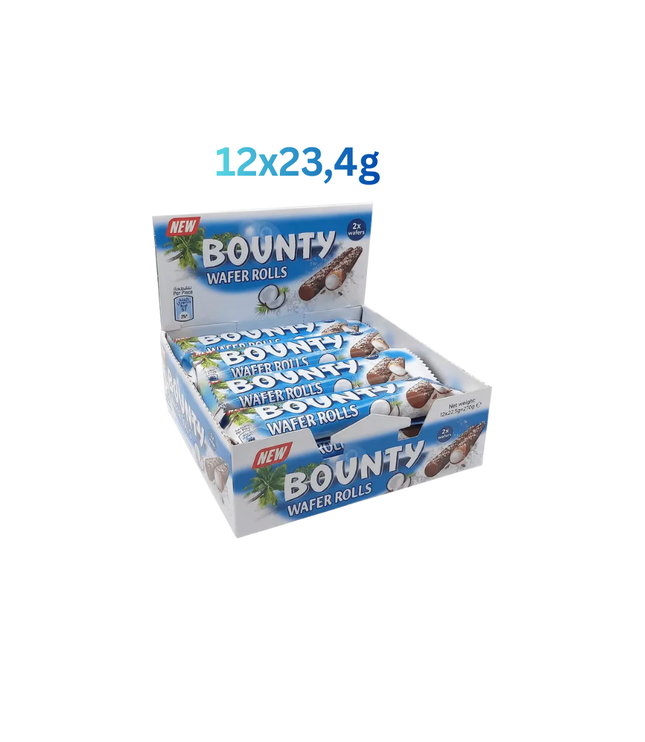 Bounty Wafer Rolls Packung mit geöffnetem Karton und einzeln verpackten Rollen