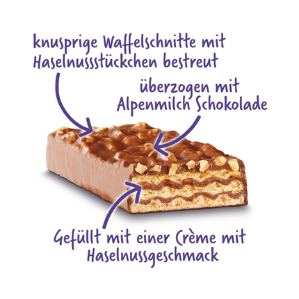 Aufgeschnittene Milka Nussini Waffelschnitte: Creme mit Haselnussgeschmack, Nussstücke