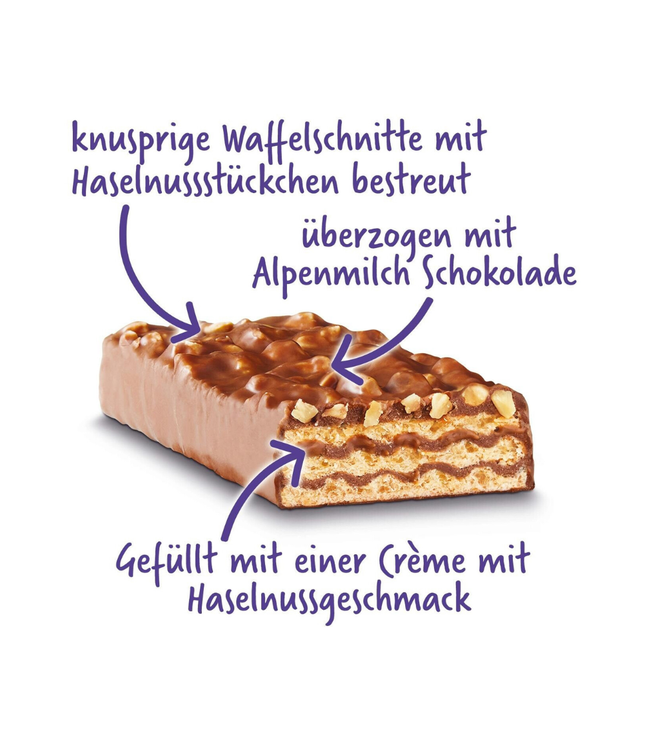Aufgeschnittene Milka Nussini Waffelschnitte: Creme mit Haselnussgeschmack, Nussstücke