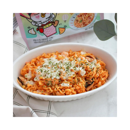 Bowl of Samyang Buldak Cream Carbonara-style spicy noodles with creamy topping