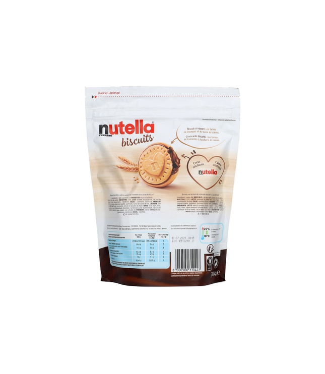 Nutella Biscuits 304g Beutel Rückseite mit Zutaten und Nährwerten
