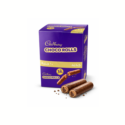Cadbury Chocorolls Karton mit zwei gerollten Schoko-Snacks und Krümeln