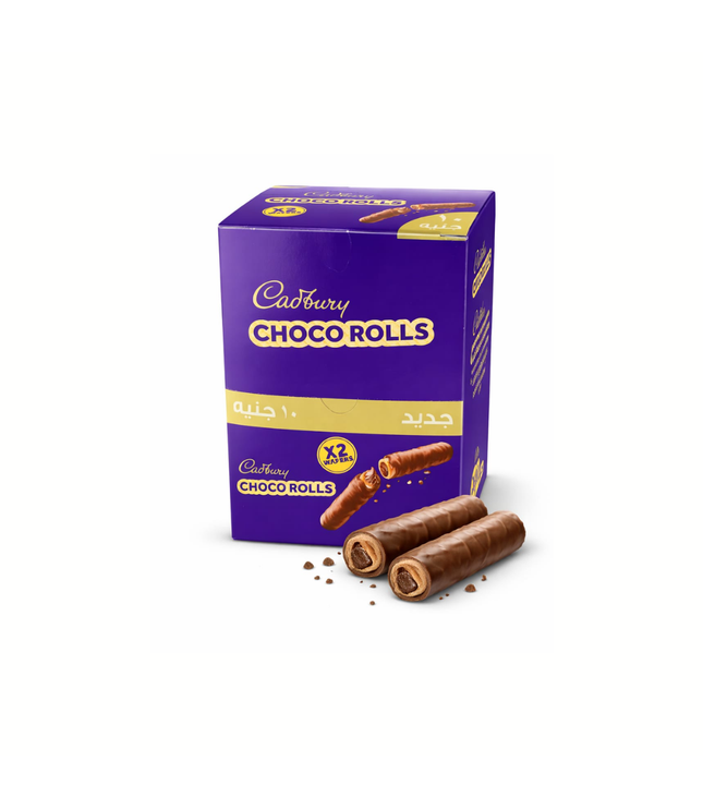 Cadbury Chocorolls Karton mit zwei gerollten Schoko-Snacks und Krümeln