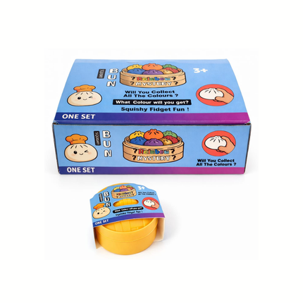 Mystery Bun Squishy Überraschungsbox mit Regenbogen-Design; gelber Squishy im Becher