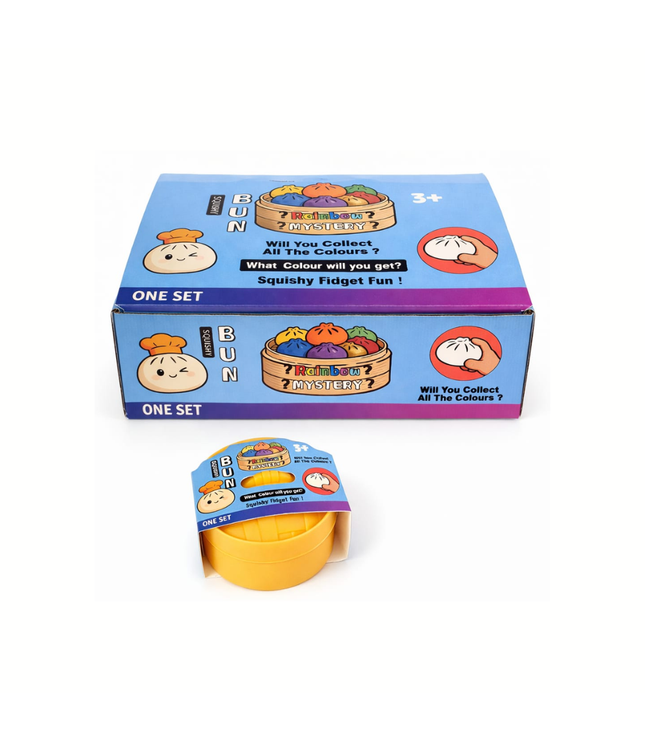 Mystery Bun Squishy Überraschungsbox mit Regenbogen-Design; gelber Squishy im Becher
