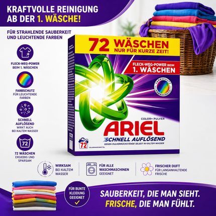 Ariel Pulver – 72 Wäschen, Schnell auflösend & Farbschutz