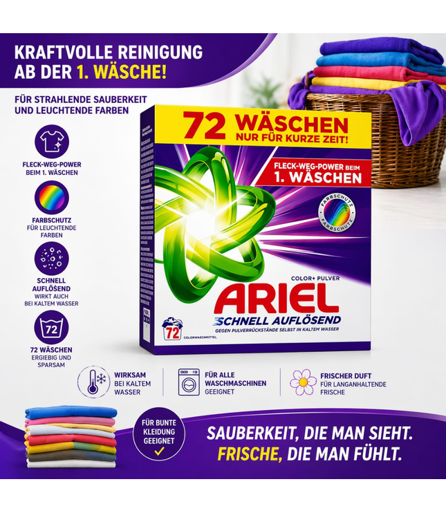 Waschpulver-Packung mit farbigen Tüchern, 72 Wäschen, schnell auflösend
