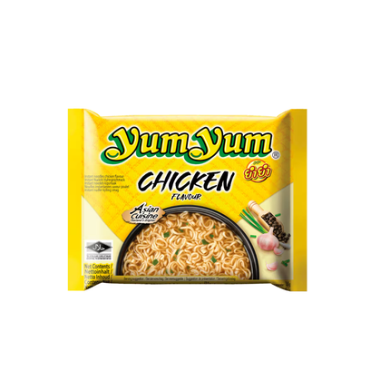 Yum Yum Chicken Flavour 60g instant noodles package, yellow with chicken flavor text