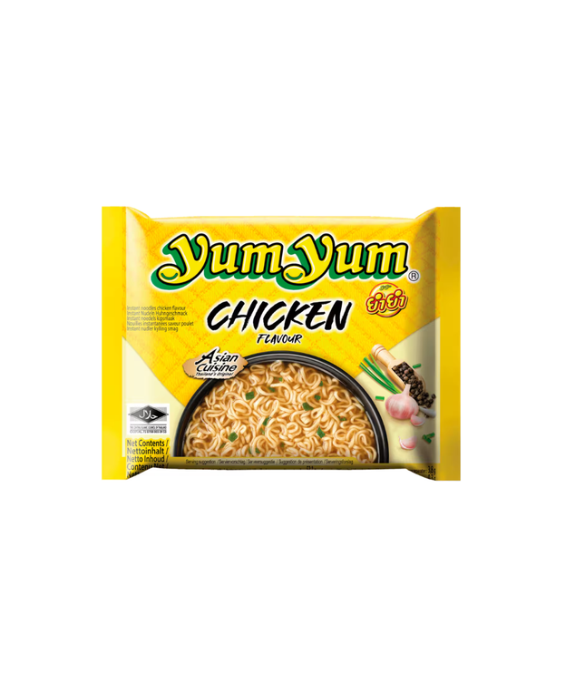 Yum Yum Chicken Flavour 60g instant noodles package, yellow with chicken flavor text