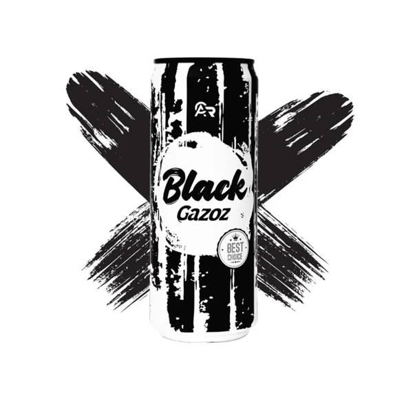 AR Black Gazoz Getränkedose, schwarze Streifen, Aufdruck Black Gazoz