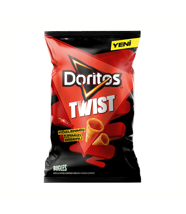 Doritos Twist Chipsbeutel, rot-schwarz, mit Paprika-Flavor-Aufdruck und 'Yeni'