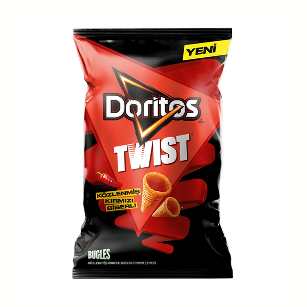 Doritos Twist Chipsbeutel, rot-schwarz, mit Paprika-Flavor-Aufdruck und 'Yeni'