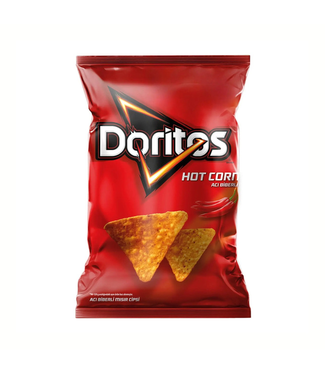 Doritos Hot Corn Chipsbeutel in roter Verpackung mit zwei Tortilla-Chips