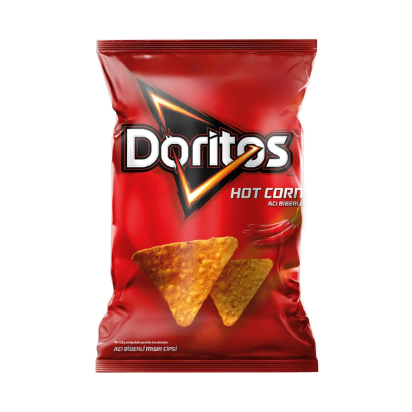 Doritos Hot Corn Chipsbeutel in roter Verpackung mit zwei Tortilla-Chips