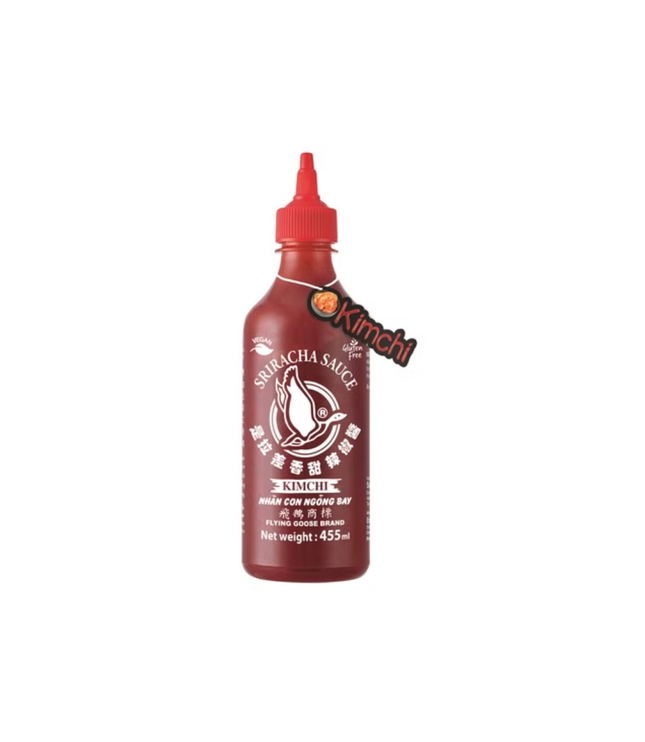 Sriracha Kimchi Sauce bottle, red squeeze bottle with cap, 455 ml