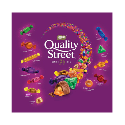 Pralinenpackung mit violettem Design, Quality Street-Logo und Candy-Kugelmotiv