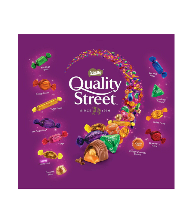 Pralinenpackung mit violettem Design, Quality Street-Logo und Candy-Kugelmotiv