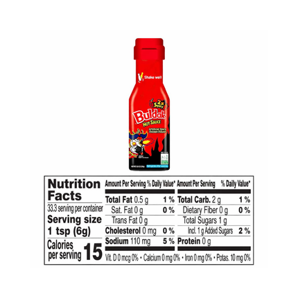 Buldak Hot Sauce Extremely Spicy 165 ml: Flasche mit Nährwerttabelle auf dem Etikett