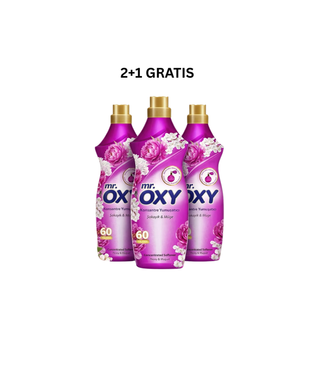 Weichspüler-Set mit 3 pink-violetten Flaschen, „2+1 gratis“, Blütenmotiv