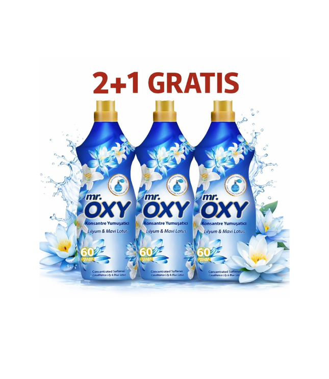 Weichspüler-Set mit 3 blauen Flaschen, „2+1 gratis“, blumiges Motiv