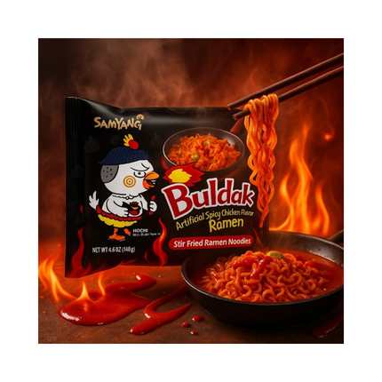 Ramen-Packung mit Hähnchenaroma, Schüssel mit Nudeln, Stäbchen und Flammenmotive