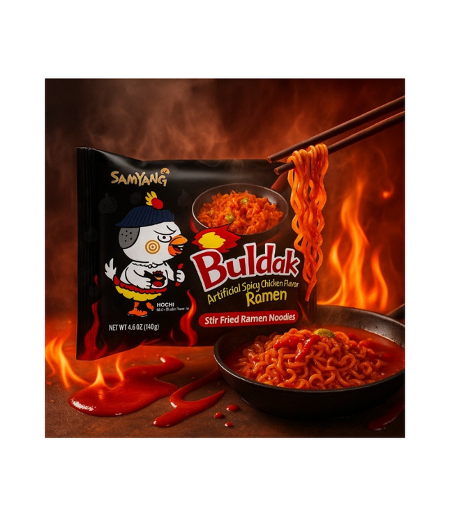 Ramen-Packung mit Hähnchenaroma, Schüssel mit Nudeln, Stäbchen und Flammenmotive
