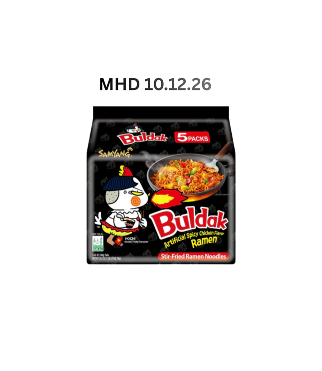 Ramen-Packung Buldak Hot Chicken, 5er Pack, Hähnchenaroma und Chili-Grafiken