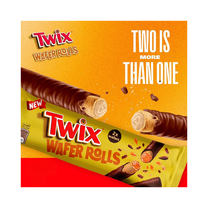 Twix Wafer Rolls bar wrapper with two wafers callout on front