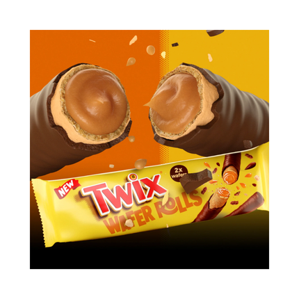 Twix Wafer Rolls bar with broken wafer pieces and chocolate filling