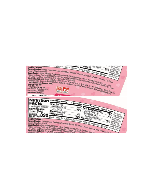 Back of Carbonara cup packaging with ingredients and nutrition facts panel
