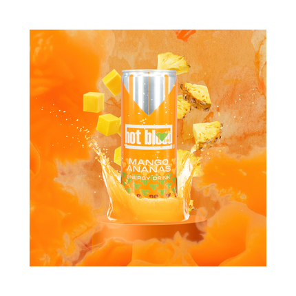 Hot Blood Mango Energy Drink Dose mit Aufdruck „Mango Ananas“