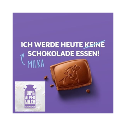 Milka Alpenmilch Tafel mit Aufdruck „Ich werde heute keine Schokolade essen!“