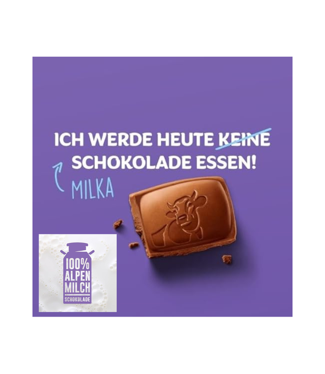Milka Alpenmilch Tafel mit Aufdruck „Ich werde heute keine Schokolade essen!“