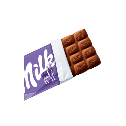 Milka Alpenmilch Tafelpackung, 90g, aufgeschnitten mit Riegeln