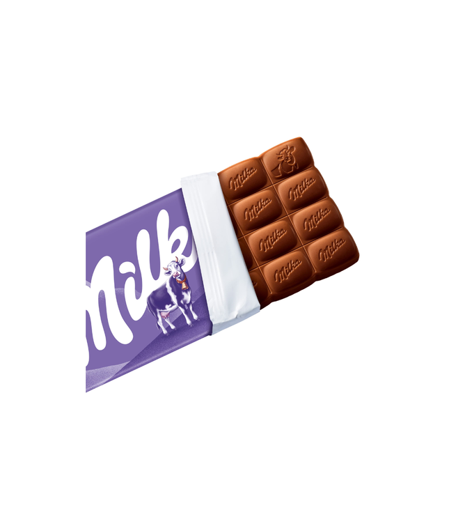 Milka Alpenmilch Tafelpackung, 90g, aufgeschnitten mit Riegeln