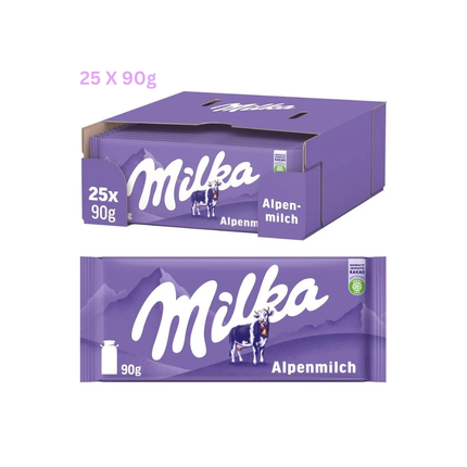Milka Alpenmilch Vorteilspack 25x90g, Karton mit Schokoriegeln