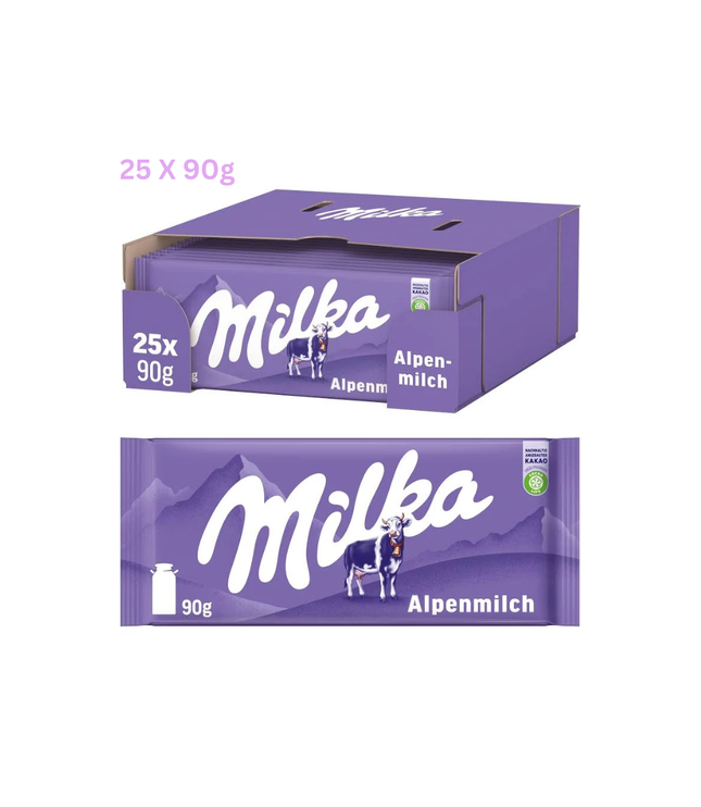 Milka Alpenmilch Vorteilspack 25x90g, Karton mit Schokoriegeln