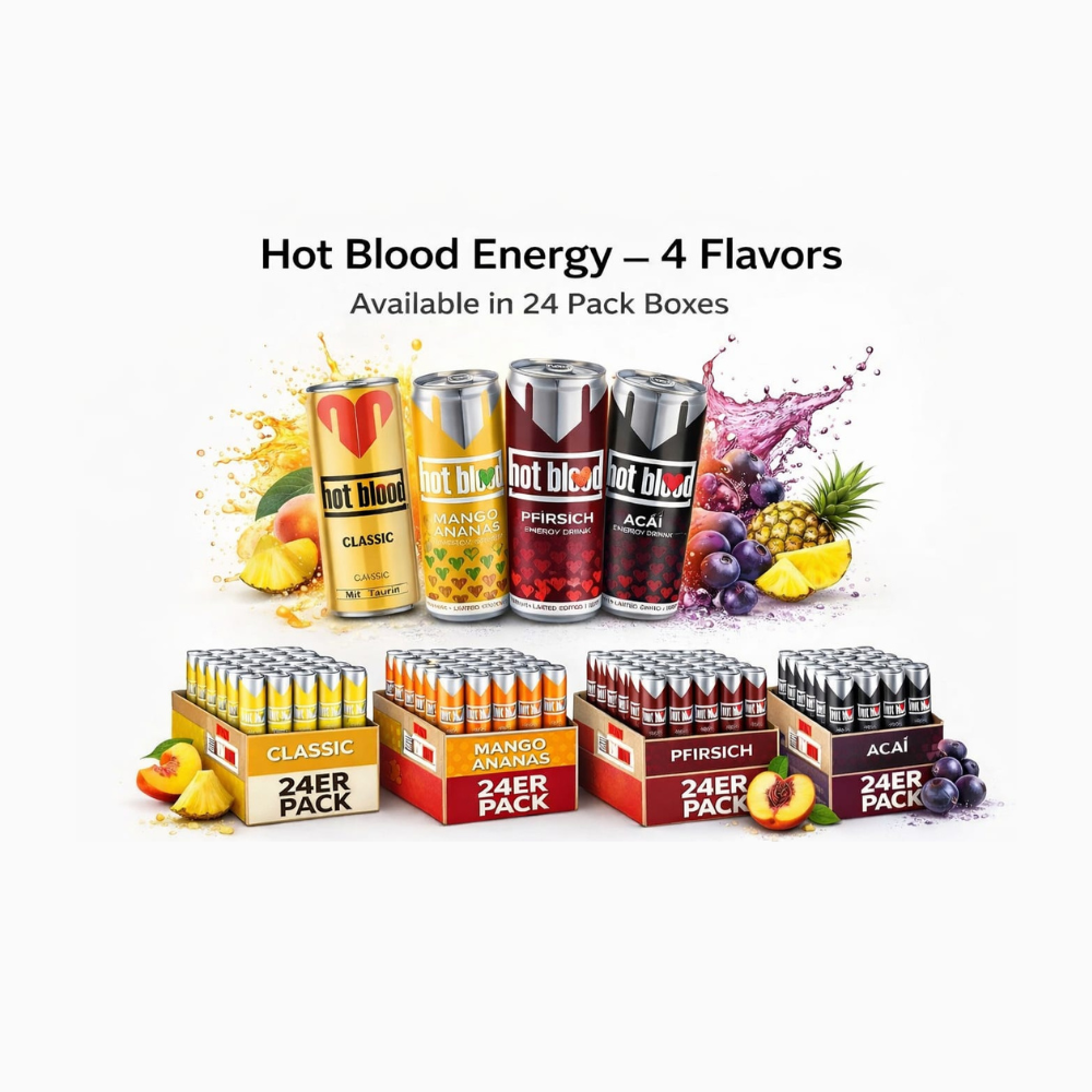 Hot Blood Energy Drink 24er Pack – 4 Geschmacksrichtungen