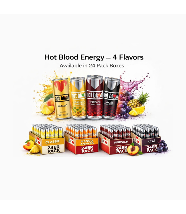 Hot Blood Energy Drink 24er Pack – 4 Geschmacksrichtungen