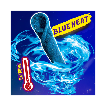 Takis Blue Heat blue hot chili stick graphic with blue flame wave and extreme heat badge