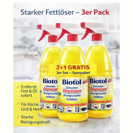 Drei Biotol Fettlöser-Sprühflaschen mit gelber Flüssigkeit und rotem Sprühkopf