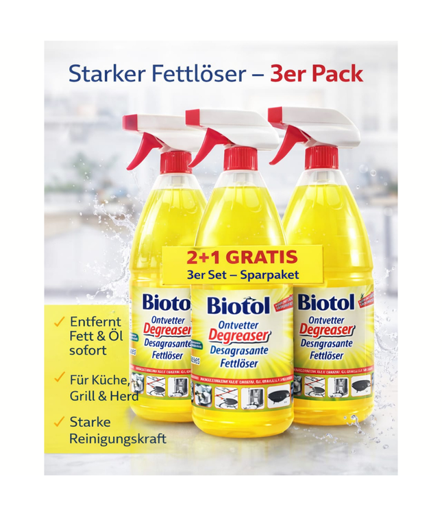 Drei Biotol Fettlöser-Sprühflaschen mit gelber Flüssigkeit und rotem Sprühkopf